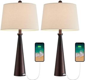 img 2 attached to 💡 Set of 2 OnEach Modern Table Lamps with USB Charging Port – 25.8" Bedside Accent Lamps for Living Room, Nightstand Lamp for Bedroom with Fabric Lampshade – Oil Rubbed Bronze