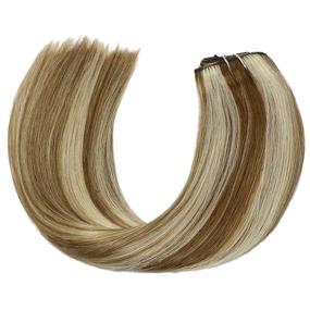 img 1 attached to 🌟 Balayage Ombre Golden Brown & Platinum Blonde Clip In Hair Extensions - 100% Human Hair, 16 Inches, Thick & Full Head, Ideal for Fine Hair - 120g, 7PCS Clips