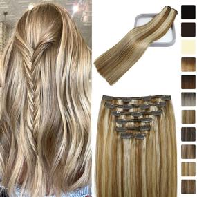 img 4 attached to 🌟 Balayage Ombre Golden Brown & Platinum Blonde Clip In Hair Extensions - 100% Human Hair, 16 Inches, Thick & Full Head, Ideal for Fine Hair - 120g, 7PCS Clips