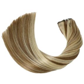img 2 attached to 🌟 Balayage Ombre Golden Brown & Platinum Blonde Clip In Hair Extensions - 100% Human Hair, 16 Inches, Thick & Full Head, Ideal for Fine Hair - 120g, 7PCS Clips