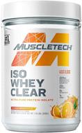 мышечный протеин изолят muscletech clear whey - лучший протеин изолят для женщин и мужчин - прозрачный протеиновый напиток с 22 г протеина, 90 калорий - вкус апельсиновый дримсикл, 1.1 фунта (19 порций) логотип