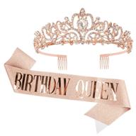 👸 birthday queen crowning set - didder crystal tiara & birthday queen sash, rose gold tiaras and crown for women, girls, princess - elegant crown with combs, glitter sash kit perfect for bridal, wedding, prom, and party logo