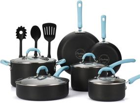 img 1 attached to 🍳 Набор кухонной посуды Finnhomy Premium Double Nonstick Coating, кастрюли и сковороды из закаленного анодированного алюминия, идеально подходит для использования дома и в ресторане, 13 предметов с синими ручками.