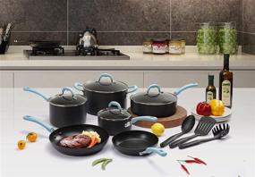 img 3 attached to 🍳 Набор кухонной посуды Finnhomy Premium Double Nonstick Coating, кастрюли и сковороды из закаленного анодированного алюминия, идеально подходит для использования дома и в ресторане, 13 предметов с синими ручками.