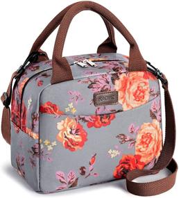 img 4 attached to 🌸 Kaome Floral Insulated Lunch Bag: Stylish Grey Lunch Tote for Women, Waterproof & Wide-Opening, with Shoulder Strap - Ideal for Work, School, and Outdoor Activities