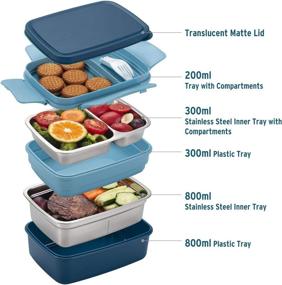 img 3 attached to 🥪 Leakproof Stainless Steel Bento Box with Divided Compartments - Large Capacity Lunch Container for Adults & Kids, Dishwasher Safe, Stackable - Blue