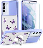 samsung galaxy s21 plus 5g clear matte purple butterfly case - stylish protection with screen protector, ring holder, kickstand, and lens camera slide cover - translucent bumper case for s21+ 6.7'-grey logo