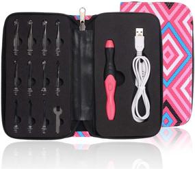 img 4 attached to 🧶 Rechargeable LED Crochet Hooks Set - 11 Interchangeable Heads 2.5mm to 8.0mm, Ergonomic Grip Handles, Ideal for Arthritic Hands - Plaid Pink Design