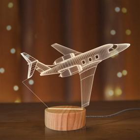 img 4 attached to ✈️ 3D Illusion Lamp: N / A Airplane Night Light, Warm Colors Wooden Table Lamp for Boys, Pilot Gifts - USB Powered