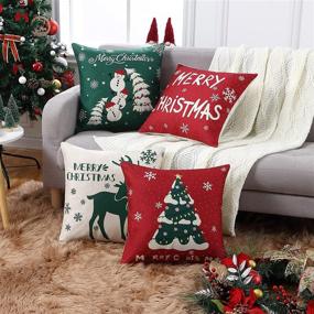 img 3 attached to 🎄 CAROMIO Merry Christmas Decorations Pillow Covers 18x18 Inch Set of 4 - Festive Xmas Snowman Deer Design - Green Christams Cotton Linen Winter Holiday Party Cushion Covers for Sofa Couch