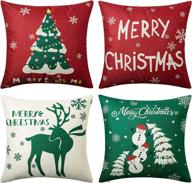 🎄 caromio merry christmas decorations pillow covers 18x18 inch set of 4 - festive xmas snowman deer design - green christams cotton linen winter holiday party cushion covers for sofa couch логотип