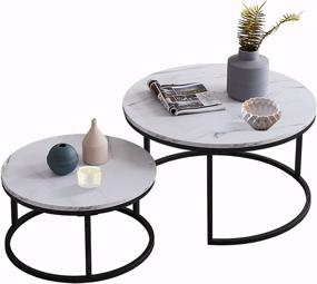 img 3 attached to Stylish Set of 2 Modern Nesting Coffee Tables: Marble Look, Black Frame with Marble Wood Top - 32” & 24”