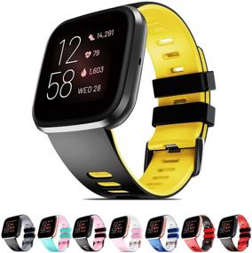 img 4 attached to 🖤 Silicone Bands Compatible with Fitbit Versa/Versa 2/Versa Lite/Versa Special Watch - Soft Replacement Sport Wristbands for Men and Women (Black-Yellow, Small)