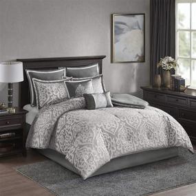 img 4 attached to Stylish Madison Park Odette Comforter Set: Damask Medallion Design, All Season, King Size (Silver, 8 Piece) - Complete Bedding Solution with Matching Shams, Bedskirt, Decorative Pillows, and Down Alternative