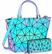 👜 luminous holographic purse set: geometric hand bags purses for women - reflective iridescent tote bag and wallet combo, perfect for traveling or shopping in purple logo