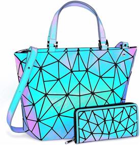 img 4 attached to 👜 Luminous Holographic Purse Set: Geometric Hand Bags Purses for Women - Reflective Iridescent Tote Bag and Wallet Combo, Perfect for Traveling or Shopping in Purple