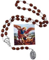 village gift importers st. michael chaplet | premium wooden brown bead rosary necklace | saint medal set with elegant case and picture | exquisite christian jewelry logo