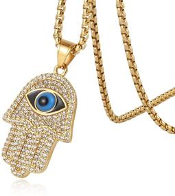 img 3 attached to 👁️ Stylish HZMAN 18k Gold Plated Iced Out CZ Stainless Steel Blue Evil Eye Beads Fatima Hamsa Hand Pendant Necklace – Eye-Catching Jewelry Accessory