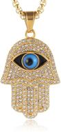 👁️ stylish hzman 18k gold plated iced out cz stainless steel blue evil eye beads fatima hamsa hand pendant necklace – eye-catching jewelry accessory logo