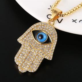 img 2 attached to 👁️ Stylish HZMAN 18k Gold Plated Iced Out CZ Stainless Steel Blue Evil Eye Beads Fatima Hamsa Hand Pendant Necklace – Eye-Catching Jewelry Accessory