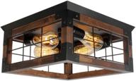 🏡 jhlbyl farmhouse wood flush mount ceiling light: industrial rustic black metal fixture with square wire cage design and 4 e26 blub socket - perfect for farmhouse kitchen and dining room lighting logo