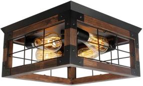 img 2 attached to 🏡 JHLBYL Farmhouse Wood Flush Mount Ceiling Light: Industrial Rustic Black Metal Fixture with Square Wire Cage Design and 4 E26 Blub Socket - Perfect for Farmhouse Kitchen and Dining Room Lighting