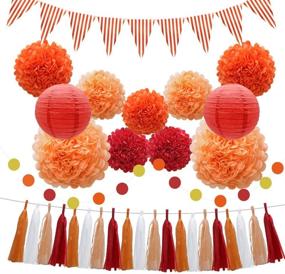 img 4 attached to 🎉 Vibrant Party Decorations Set: 33pcs Supplies in Orange and Red for Birthday, Baby Shower, Wedding Graduation Events - Paper Lanterns, Tissue Pom Poms, Flowers, Tassels, Garland and Banner