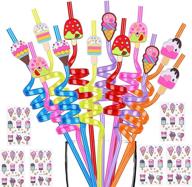 🍦 ice cream party straws - reusable plastic drinking straws for kids birthday decorations - ice cream themed supplies - set of 30 (24 ice cream straws + 6 ice cream temporary tattoos) logo