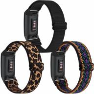 👉 [3 pack] adjustable elastic bands for fitbit charge 4/3/4 se - leopard, black, boho purple replacement wristbands logo