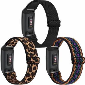 img 4 attached to 👉 [3 Pack] Adjustable Elastic Bands for Fitbit Charge 4/3/4 SE - Leopard, Black, Boho Purple Replacement Wristbands
