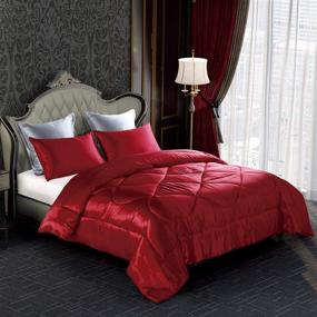 img 2 attached to Black Queen Size KINBEDY Luxury 3-Piece Satin/Sateen Silky Comforter Set Bedding Collection - All Season Lightweight Soft Bedding Sets