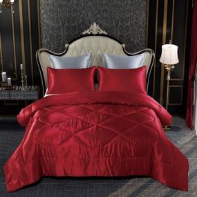 img 3 attached to Black Queen Size KINBEDY Luxury 3-Piece Satin/Sateen Silky Comforter Set Bedding Collection - All Season Lightweight Soft Bedding Sets