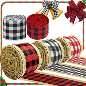 img 4 attached to 🎁 Set of 5 Christmas Ribbon Rolls - Wired Edge Burlap, Black Red Plaid Fabric Grosgrain Ribbon for Xmas Gift Wrapping, DIY Crafts, Decoration - 2.5 Inches width x 30 Yards length