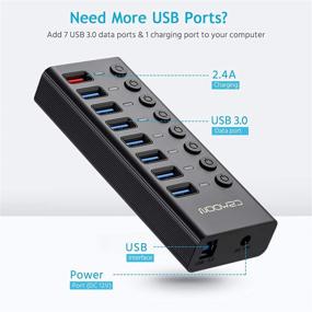 img 3 attached to 💡 Top-rated Powered USB Hub with 7 USB 3.0 Port and 1 Smart Charging Port - Black, Long Cord and Individual Switches for Laptops & PC