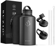 🍶 buzio 64 oz stainless steel water bottle with straw lids, half gallon insulated flask jug, metal thermo mug hydro canteen, double vacuum hot cold water bottles with carrying pouch, black logo