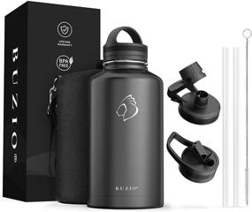 img 4 attached to 🍶 BUZIO 64 oz Stainless Steel Water Bottle with Straw Lids, Half Gallon Insulated Flask Jug, Metal Thermo Mug Hydro Canteen, Double Vacuum Hot Cold Water Bottles with Carrying Pouch, Black