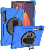 kiq shockproof dual-layer case with kickstand, handstrap, shoulderstrap sling for samsung galaxy tab s7 plus 12.4 (sm-t970) - durable heavy duty cover in shield blue logo