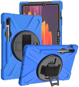 img 4 attached to KIQ Shockproof Dual-Layer Case with Kickstand, Handstrap, Shoulderstrap Sling for Samsung Galaxy Tab S7 Plus 12.4 (SM-T970) - Durable Heavy Duty Cover in Shield Blue