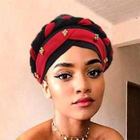 img 2 attached to 👒 Stylish Woeoe Women African Turban: Black Stretch Braid Head Wrap for India's Hat-Inspired Look