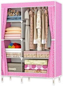 img 4 attached to 👚 QUMENEY Pink Dots Wardrobe Storage Closet: Portable Clothes Organizer with Hanging Rods - Sturdy and Easy to Assemble