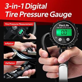 img 1 attached to VacLife 86500A (VL705): Durable 3-in-1 Tire Pressure Gauge & Compressor Accessory – Portable 250PSI Digital Inflator with Deflator & Gauge