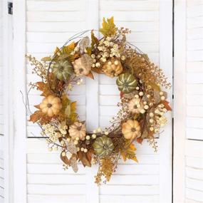 img 2 attached to 🍁 Green and Yellow Leaf Artificial Pumpkin Wreath - Idyllic Autumn Decoration for Front Door, Indoor Wall, Wedding, Home