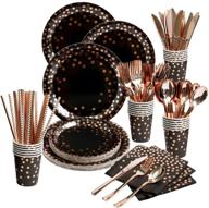 💃 stylish 200-piece black and rose gold party supplies set: elegant rose gold dot on black plates, napkins, straws, cups, silverware – perfect for weddings, bridal showers, and birthday parties! logo