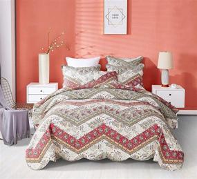 img 4 attached to Bohemian Quilted Bedspread - Rustic Cranberry and Sage Chevron Floral Lightweight Coverlet Set with Scalloped Edges - Multi-Colored Orange, Red, Green & Ivory White Background - Twin Size - 2-Pieces