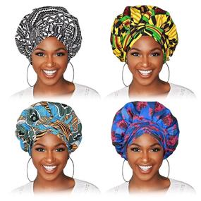 img 4 attached to 👩 Ultimate Hair Care: 4 Pcs African Print Silk Bonnet Sleep Caps for Women with Braids, Long Curly, and Natural Hair