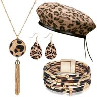 women's leopard jewelry set with french beret hat, leopard leather bracelet, earrings, and necklace logo
