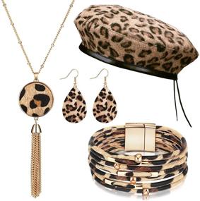 img 4 attached to Women's Leopard Jewelry Set with French Beret Hat, Leopard Leather Bracelet, Earrings, and Necklace