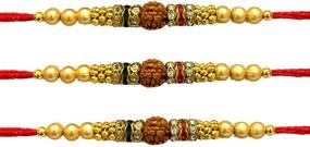 img 4 attached to IndiaBigShop Golden Rakhee with Stone for Brother - Set of 3 🎁 | Rakhi for Bhaiya | Raksha Bandhan Gift | Varying Colors and Multi Designs