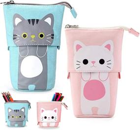 img 4 attached to AUSTARK 2-Piece Telescopic Pencil Case: Adorable Cat Pen Holder, Transformer Stand, Zipper Closure - Ideal for Kids, Students, and Cosmetics Storage (Blue & Pink)