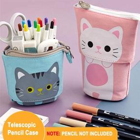 img 2 attached to AUSTARK 2-Piece Telescopic Pencil Case: Adorable Cat Pen Holder, Transformer Stand, Zipper Closure - Ideal for Kids, Students, and Cosmetics Storage (Blue & Pink)